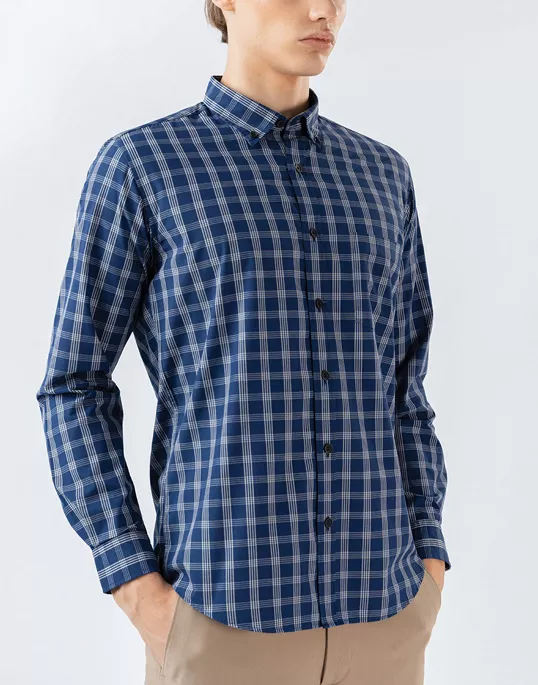 Mens Long Sleeve Blue Casual Check Shirts