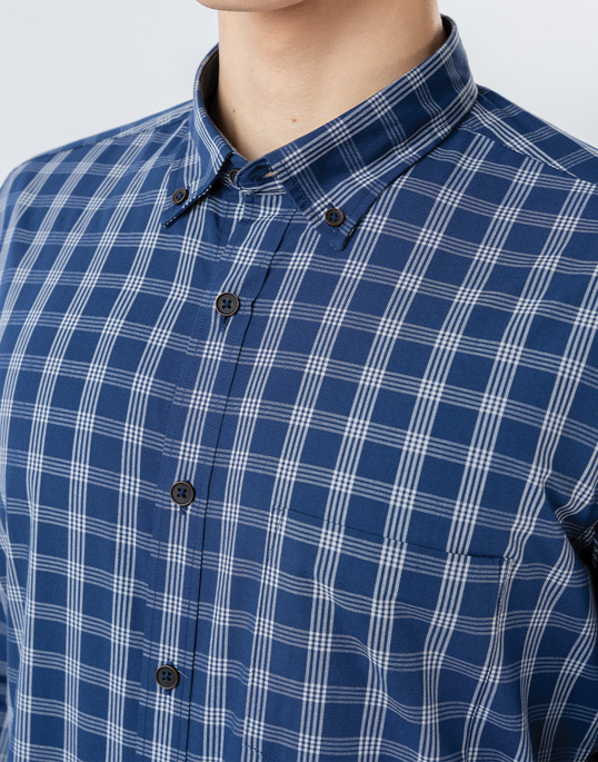 Mens Long Sleeve Blue Casual Check Shirts