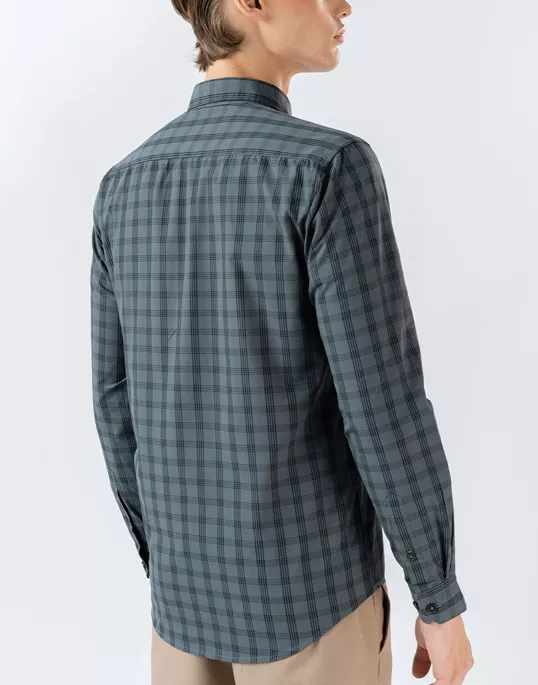 Mens Long Sleeve Grey Casual Check Shirts