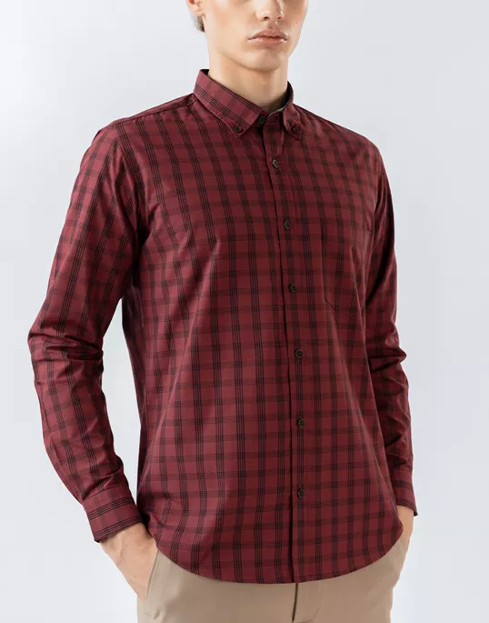 Mens Long Sleeve Red Casual Check Shirts