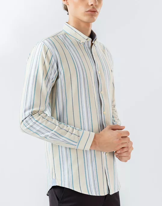 Mens Long Sleeve Casual Yellow Stripes Shrit