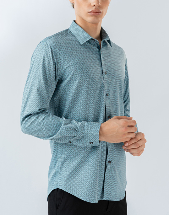 Mens Long Sleeve Stretch Blue Printed Shirt