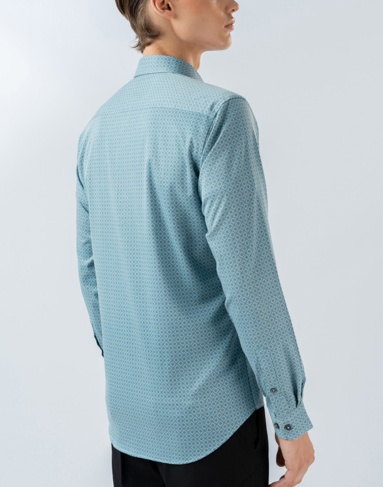 Mens Long Sleeve Stretch Blue Printed Shirt