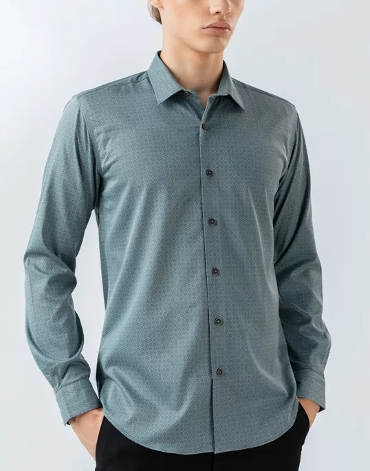 Mens Long Sleeve Stretch Olive Green Printed Shirt