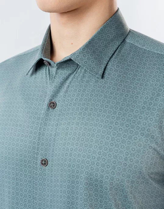 Mens Long Sleeve Stretch Olive Green Printed Shirt