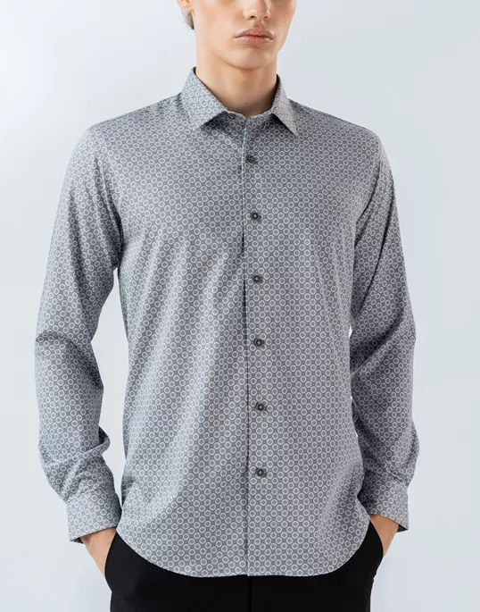 Mens Long Sleeve Stretch Grey Printed Shirt