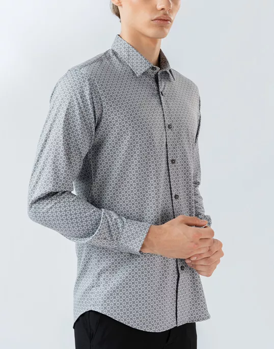 Mens Long Sleeve Stretch Grey Printed Shirt