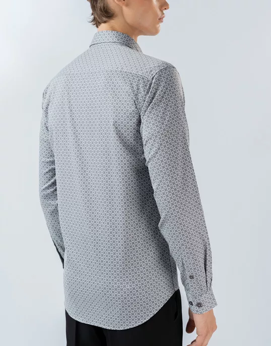 Mens Long Sleeve Stretch Grey Printed Shirt