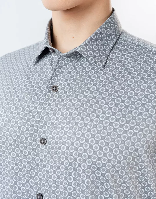 Mens Long Sleeve Stretch Grey Printed Shirt