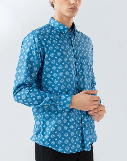 Mens Long Sleeve Dark Blue Printed Casual Shirt