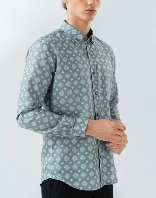 Mens Long Sleeve Green Printed Casual Shirt