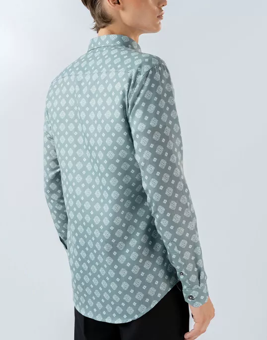 Mens Long Sleeve Green Printed Casual Shirt