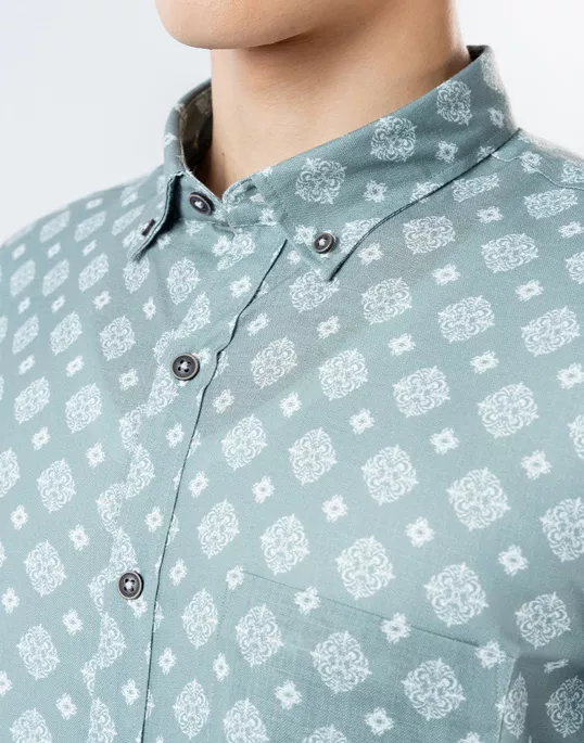 Mens Long Sleeve Green Printed Casual Shirt