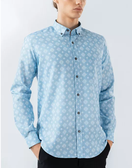 Mens Long Sleeve Light Blue Printed Casual Shirt