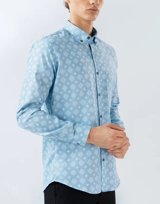 Mens Long Sleeve Light Blue Printed Casual Shirt