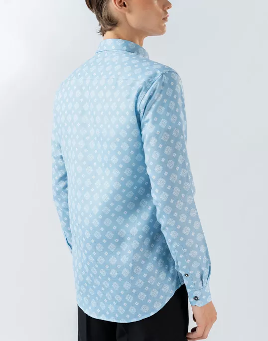 Mens Long Sleeve Light Blue Printed Casual Shirt