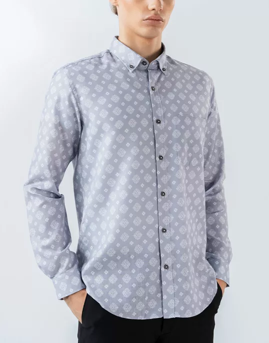 Mens Long Sleeve Grey Printed Casual Shirt