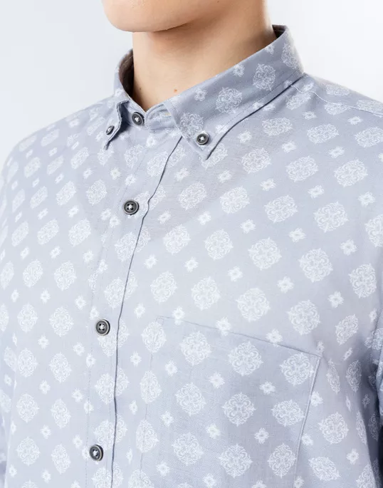 Mens Long Sleeve Grey Printed Casual Shirt