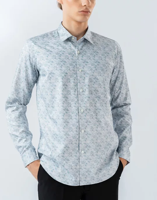 Mens Long Sleeve Dark Blue Digital Print Casual Shirt