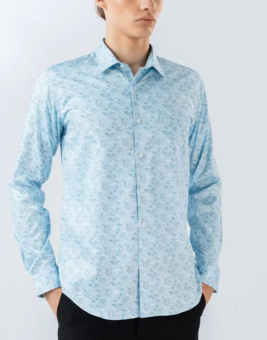 Mens Long Sleeve Light Blue Digital Print Casual Shirt