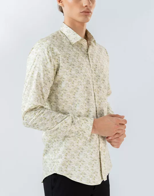 Mens Long Sleeve Olive Green Digital Print Casual Shirt