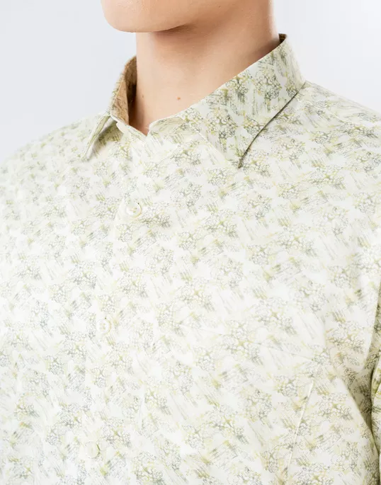 Mens Long Sleeve Olive Green Digital Print Casual Shirt