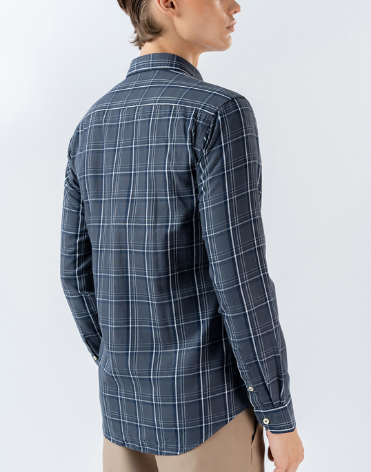 Mens Long Sleeve Blue Check Casual Shirt