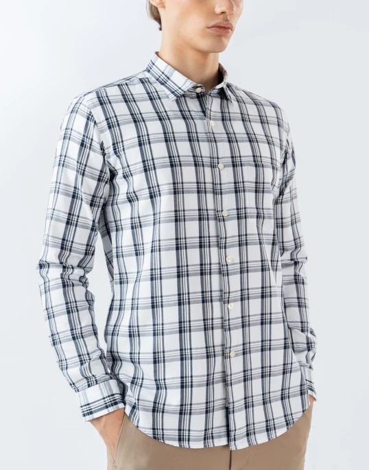 Mens Long Sleeve White Check Casual Shirt