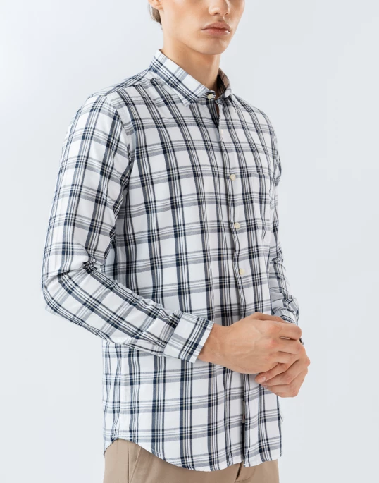 Mens Long Sleeve White Check Casual Shirt