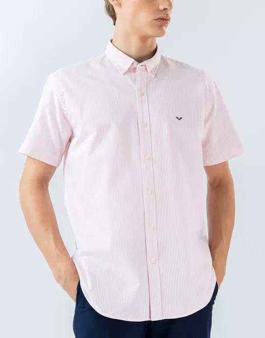 Mens Short Sleeve Light Pink Stripe Casual Wear Shirt