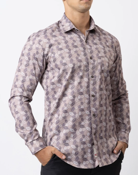 Ebony Casual Slim Fit Leaf Printed Long Sleeve Mens Shirt