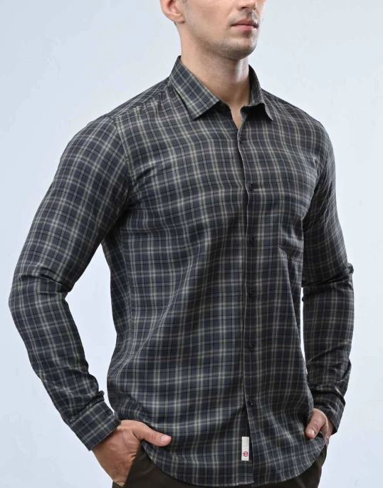 Ebony Casual Twill Check Design Long Sleeve Slim Fit Mens Shirt