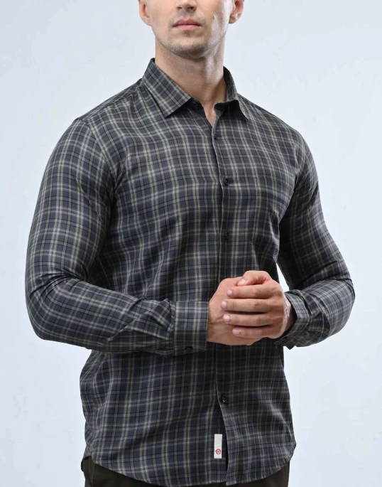 Ebony Casual Twill Check Design Long Sleeve Slim Fit Mens Shirt