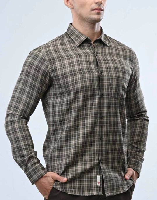 Ebony Casual Twill Check Design Long Sleeve Slim Fit Mens Shirt