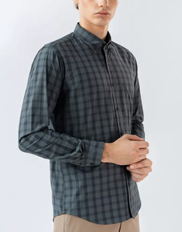 Mens Long Sleeve Grey Casual Check Shirts