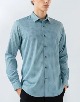 Mens Long Sleeve Stretch Blue Printed Shirt