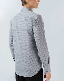 Mens Long Sleeve Stretch Grey Printed Shirt