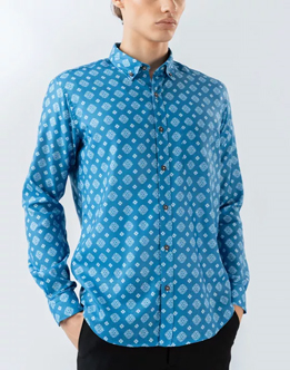 Mens Long Sleeve Dark Blue Printed Casual Shirt