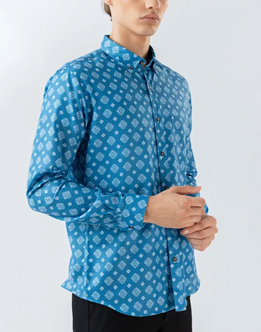 Mens Long Sleeve Dark Blue Printed Casual Shirt