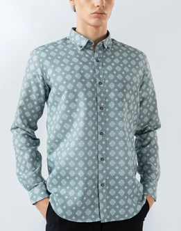 Mens Long Sleeve Green Printed Casual Shirt