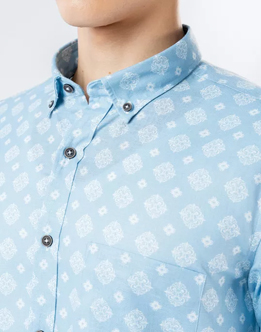 Mens Long Sleeve Light Blue Printed Casual Shirt