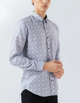 Mens Long Sleeve Grey Printed Casual Shirt