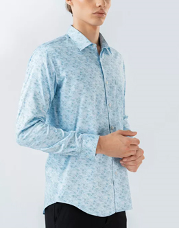 Mens Long Sleeve Light Blue Digital Print Casual Shirt